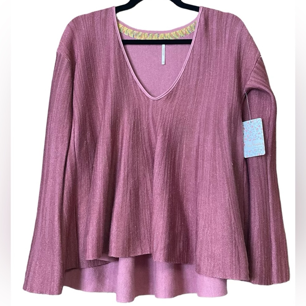 Free People Sundae Womens Extra Small Sweater Long Bell Sleeve Rose Linen Cotton